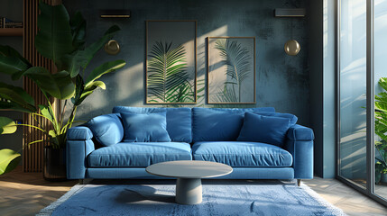 Interior of living room with blue sofa, generative ai