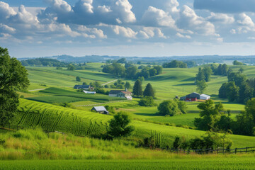 Fototapeta na wymiar Idyllic Rural Landscape with Lush Green Fields and Farmhouses under a Cloudy Sky