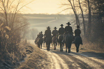 Equestrian Group Journey at Dawn with Riders in Traditional Attire on a Misty Trail