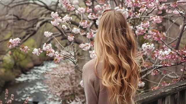 Woman on Bridge Captivated by Cherry Blossoms in Full Bloom During Springtime