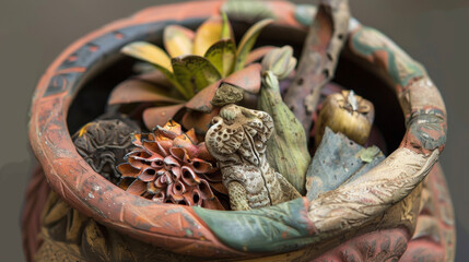 A brightlycolored handcrafted clay pot holds a concoction of different plants and animal parts used by native healers to cure various ailments.