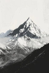 A monotone painting of snowcap mountains