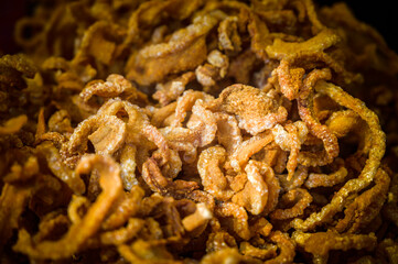 Pork caps or Cap Moo on a food stall at Thung Kwian Market in Lampang Province
