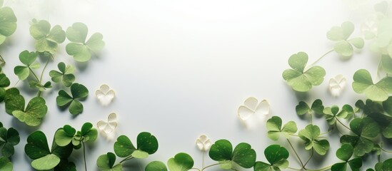 A variety of vibrant green leaves, including clover leaves, are arranged neatly on a plain white background. The leaves are spread out, showcasing their unique shapes and shades of green.