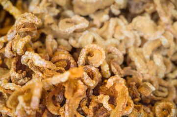 Pork caps or Cap Moo on a food stall at Thung Kwian Market in Lampang Province