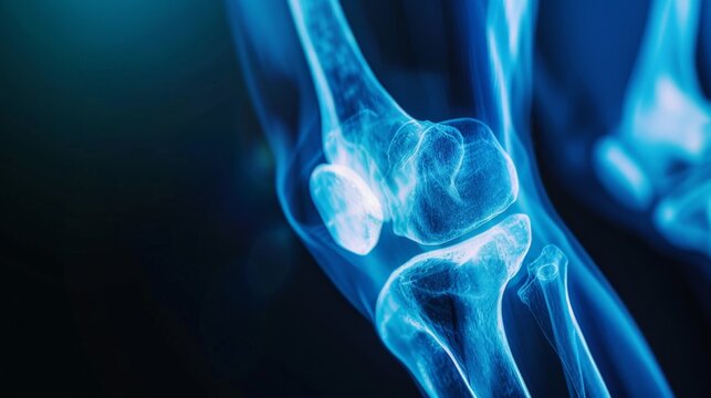 A film x-ray of left knee lateral view shown fracture of knee cap(patella) bone. The plain film of femur on dark background with copy space.Medical concept.Human imaging technology.