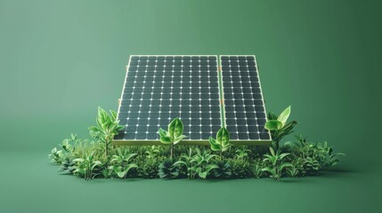 Solar panel cells, isolated realistic solar panel with plants surrounding it with a green background