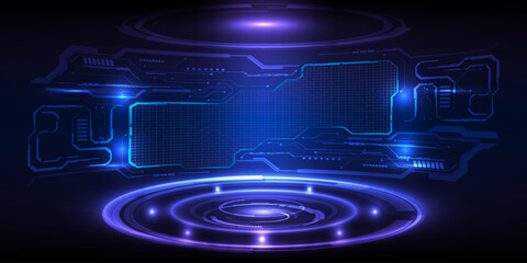 Vector illustrations of futuristic stage platform with digital element around.Digital technology artwork.