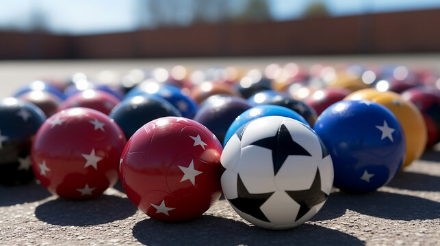 Colorful soccer balls on the floor, football background image