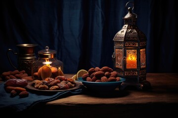 Fototapeta na wymiar Lantern that have moon symbol on top and small plate of dates fruit with night sky and city bokeh light background for the Muslim feast of the holy month of Ramadan Kareem.
