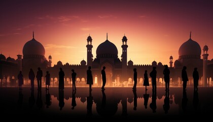 Mosque sunset sky, moon, holy night, islamic night and silhouette mosque. - obrazy, fototapety, plakaty