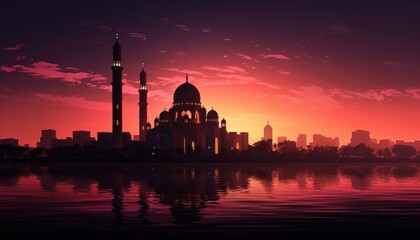 Mosque sunset sky, moon, holy night, islamic night and silhouette mosque.