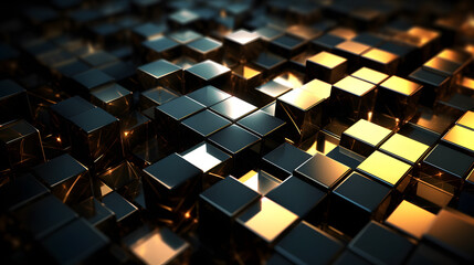 Digital black and gold dark tone mosaic square geometric poster web page PPT background with Generative