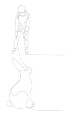 One continuous line of Man pointing with finger at Rabbit. Thin Line Illustration vector concept. Contour Drawing Creative ideas.