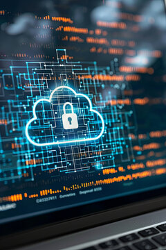 A cloud icon with a padlock on a computer screen for cyber security