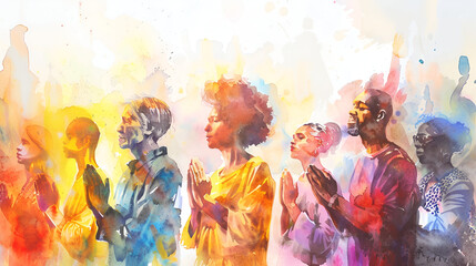 Watercolor Painting of a Diverse Group of People Standing Together With Their Hands Held in Prayer