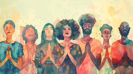 Watercolor Painting of a Diverse Group of People Standing Together With Their Hands Held in Prayer