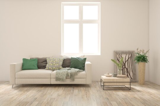 White living room with sofa. Scandinavian interior design. 3D illustration