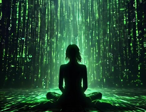 woman meditating doing spiritual yoga with green matrix background generated with AI