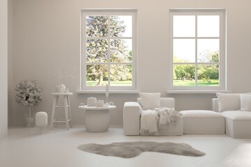 Grey living room concept with sofa and summer landscape in window. Scandinavian interior design. 3D illustration