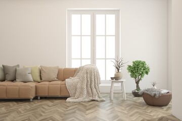 Fototapeta premium White living room with sofa. Scandinavian interior design. 3D illustration