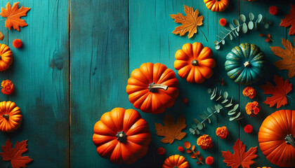 An overhead view of a vibrant teal wooden table with orange pumpkins wallpaper background