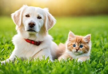 Cute dog and cat lying together on a green grass