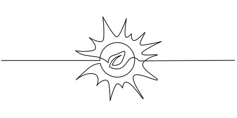 Leaf inside sun one line drawing. Continuous line solar energy concept, environment friendly power source. Editable stroke.