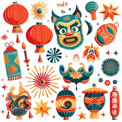 Clipart illustrations with various symbols of Chinese New Year on a white background