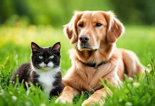 Cute dog and cat lying together on a green grass
