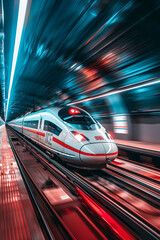 Fototapeta premium A bullet train moving at high speed inside a tunnel