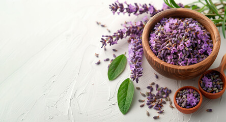 Obraz na płótnie Canvas Dried violet grass as an additive to herbal tea, lavender flowers - beauty and health, a place to copy.