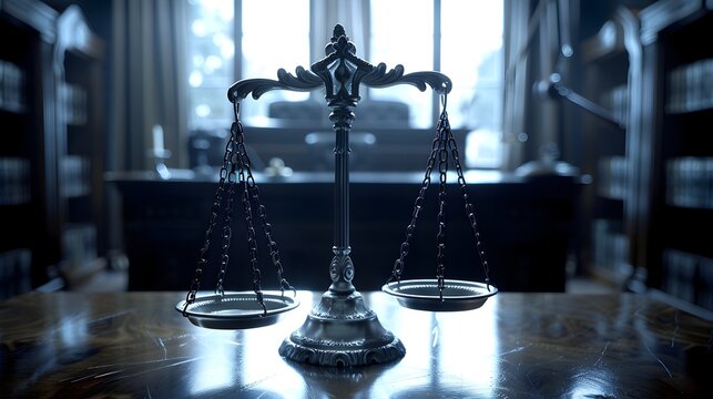 Scales of Justice Balanced in a Modern Courtroom with Soft Lighting and Rows of Law Bookshelves