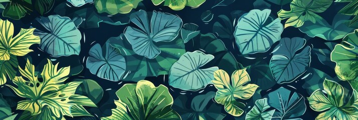Background Texture Pattern Aquatic Plants Include elements like seaweed, water lilies, and other freshwater flora in shades of green and blue created with Generative AI Technology