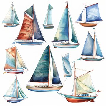 Clipart illustration showing various sailboats. on a white background
