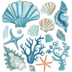 Clipart illustration with various sea elements on a white background.