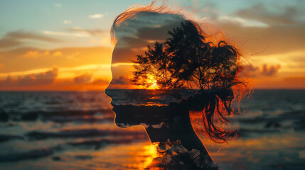 Behold a stunning double exposure, intertwining the silhouette of a goddess with the serene backdrop of a sunset coast - obrazy, fototapety, plakaty