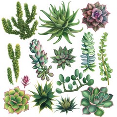 Clipart illustration with various succulent plants on a white background.