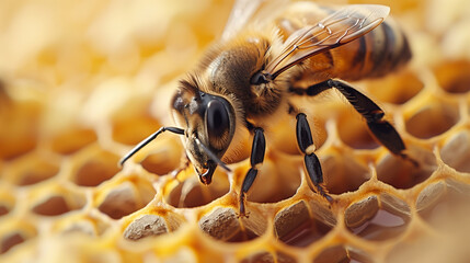 Honeybee in a honeycomb with honey 