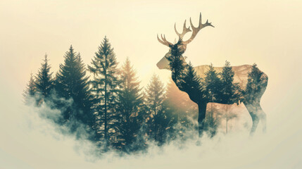 Artistic double exposure of an elk and a tranquil forest, invoking a serene connection between wildlife and nature.