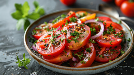 A colorful dish of sliced ripe tomatoes seasoned with herbs, spices, and onions, perfect for a healthy and flavorful meal.