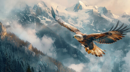 An awe-inspiring image of a majestic golden eagle in flight with the snow-capped mountains and misty forests in the background. - obrazy, fototapety, plakaty