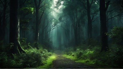 Obraz premium scary dark forest with green bushes