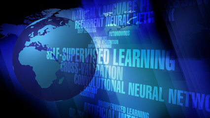 Obraz premium Machine learning in ai artificial intelligence texts and world map with neural network algorithm