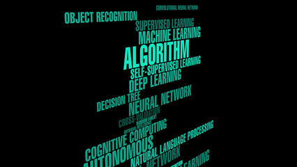 Algorithm for ai artificial intelligence texts on black background with technology chatbot neural network