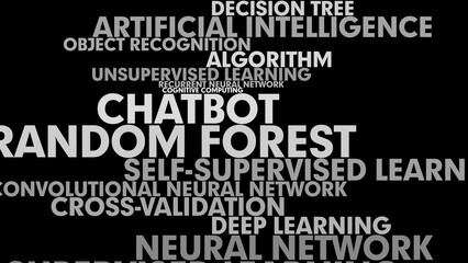 Deep learning in ai artificial intelligence texts on black background with chatbot and neural network
