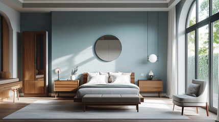 A tranquil bedroom with sky blue accents, adorned with minimalist furniture pieces in contrasting colors for visual interest. - obrazy, fototapety, plakaty