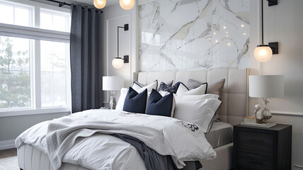 Envision a bedroom showcasing the beauty of faux marble accents, complemented by contemporary lighting fixtures.