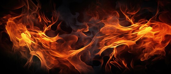 A close-up view of a fiery blaze burning brightly against a pitch-black backdrop, showcasing...