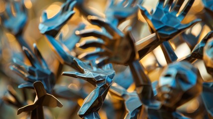 A closeup of a metal sculpture depicting a person with multiple hands reaching out in different directions each one holding a different symbol representing a different discipline
